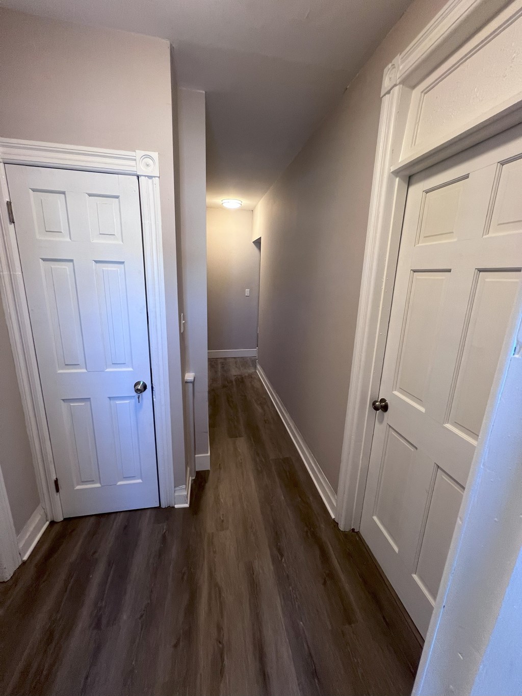 A hallway with two doors and wood floors.