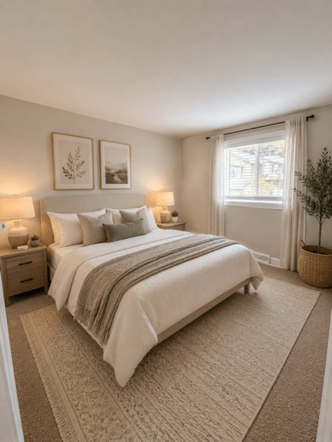 A bedroom with a large bed and two lamps on either side of the bed.