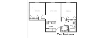 A black and white diagram of a two bedroom apartment.