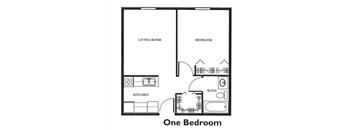 A black and white diagram of a one bedroom apartment.
