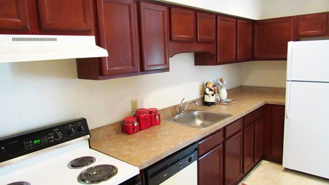 A kitchen with a white stove and brown cabinets.