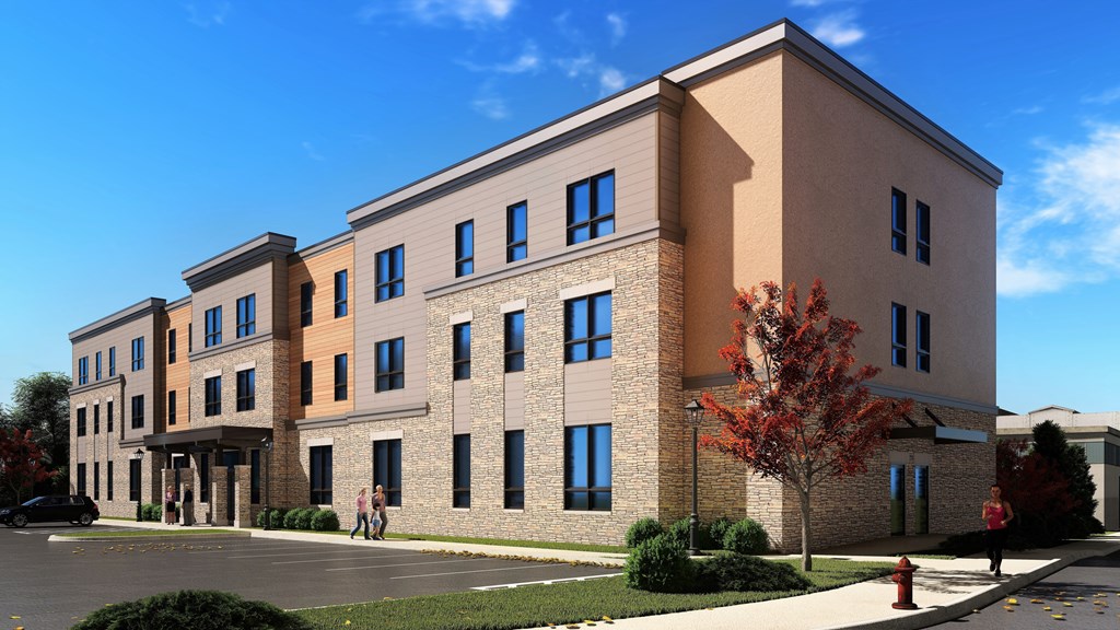 a rendering of a three story building with people walking in front of it