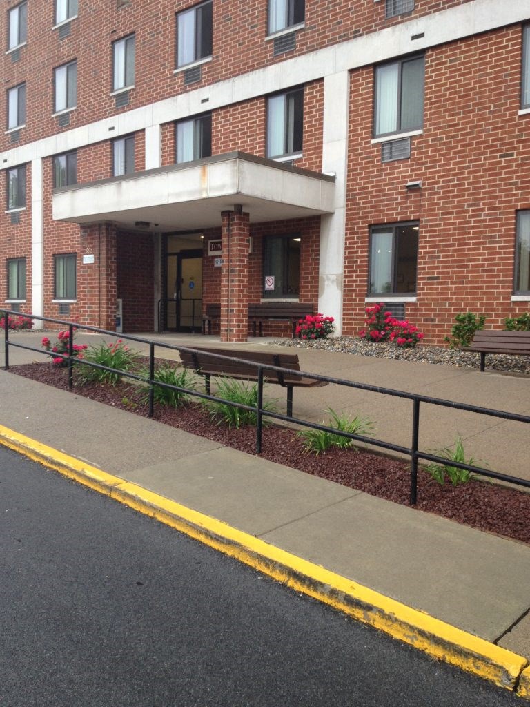 a building with a bench in front of it