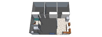 A 3D floor plan of a house with a kitchen, living room, and bathroom.