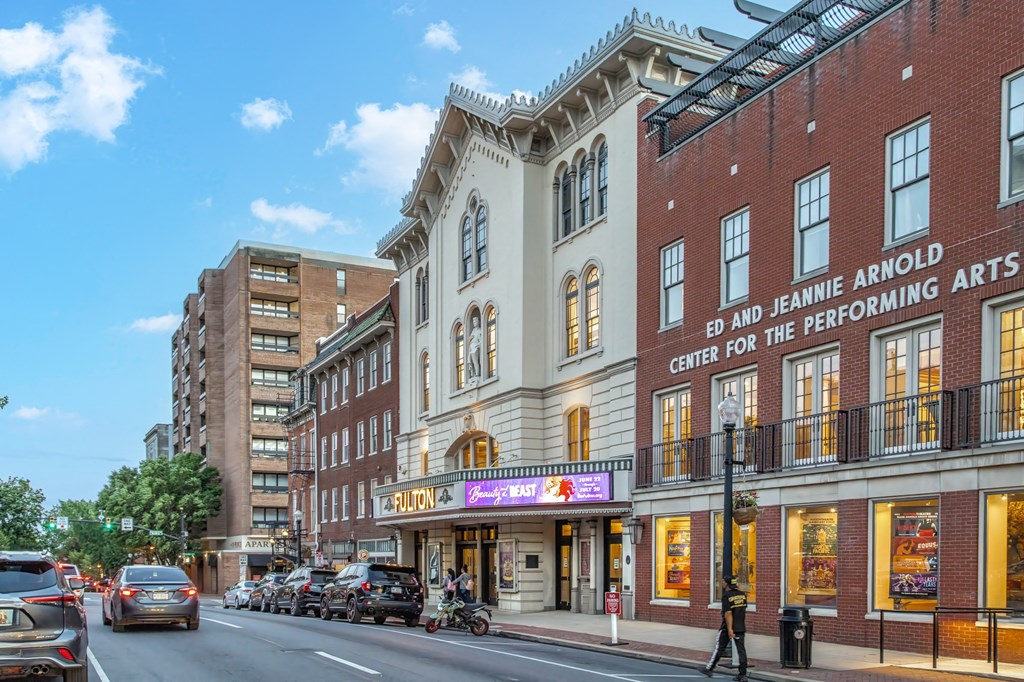 a view of the front of a building on a city street