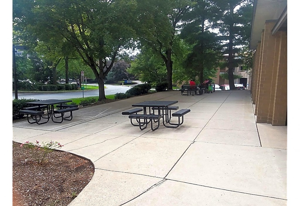 a sidewalk with tables and benches in a park