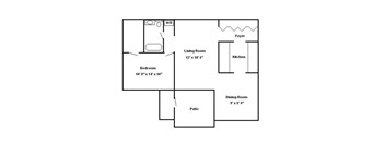A floor plan of a small apartment with a bedroom, living room, kitchen, and dining room.
