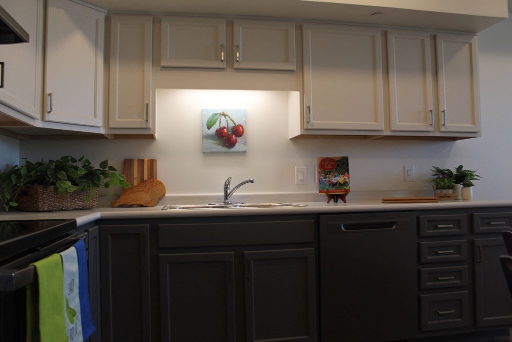 a kitchen with white cabinets and a sink