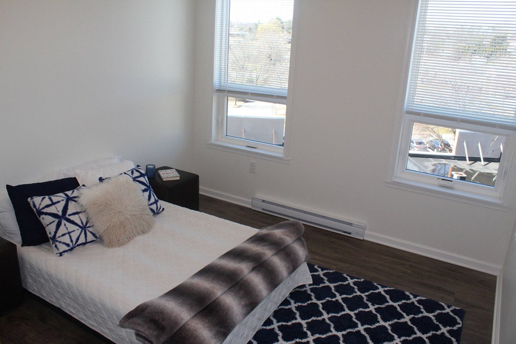 a bedroom with a bed and two windows