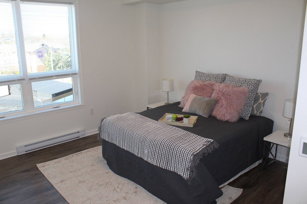 a bedroom with a bed and a window