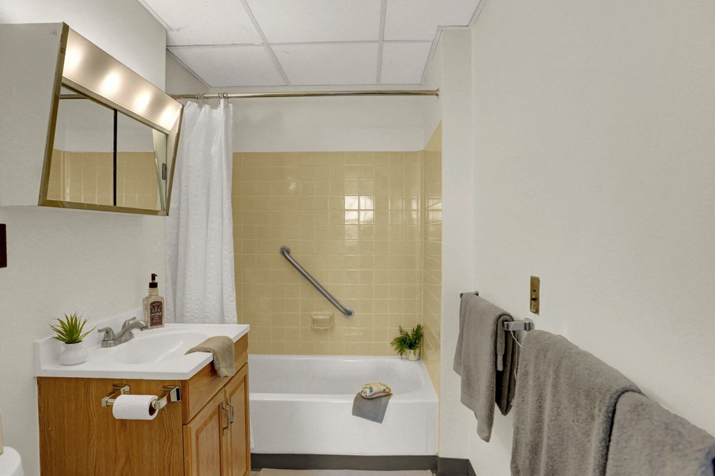 a bathroom with a bathtub and a sink