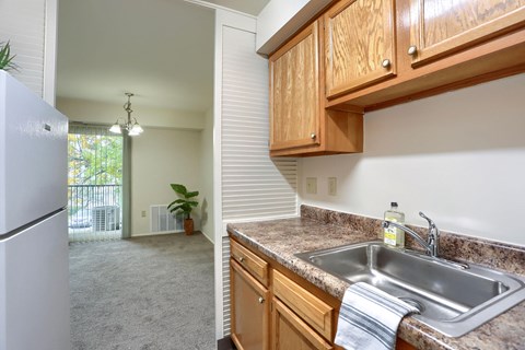 a kitchen with wooden cabinets and a sink and a refrigerator