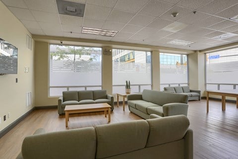 a living room with couches and chairs in front of windows