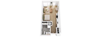 Apartments in Lancaster | a bedroom floor plan with a bathroom and a living room
