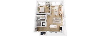 Apartments in Lancaster | a 3d drawing of a bedroom with a living room