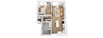 Apartments in Lancaster | a schematic view of a bedroom with a bathroom and a living room