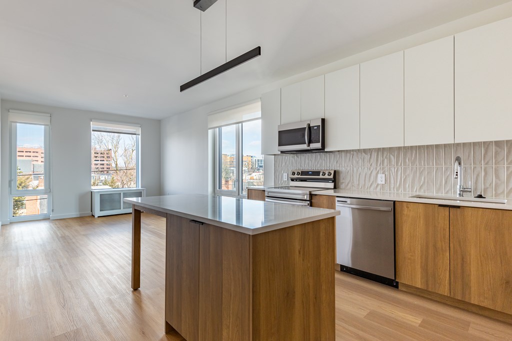 A kitchen with wooden cabinets and a countertop.