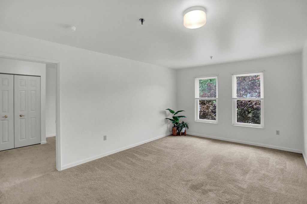 a bedroom with white walls and carpet