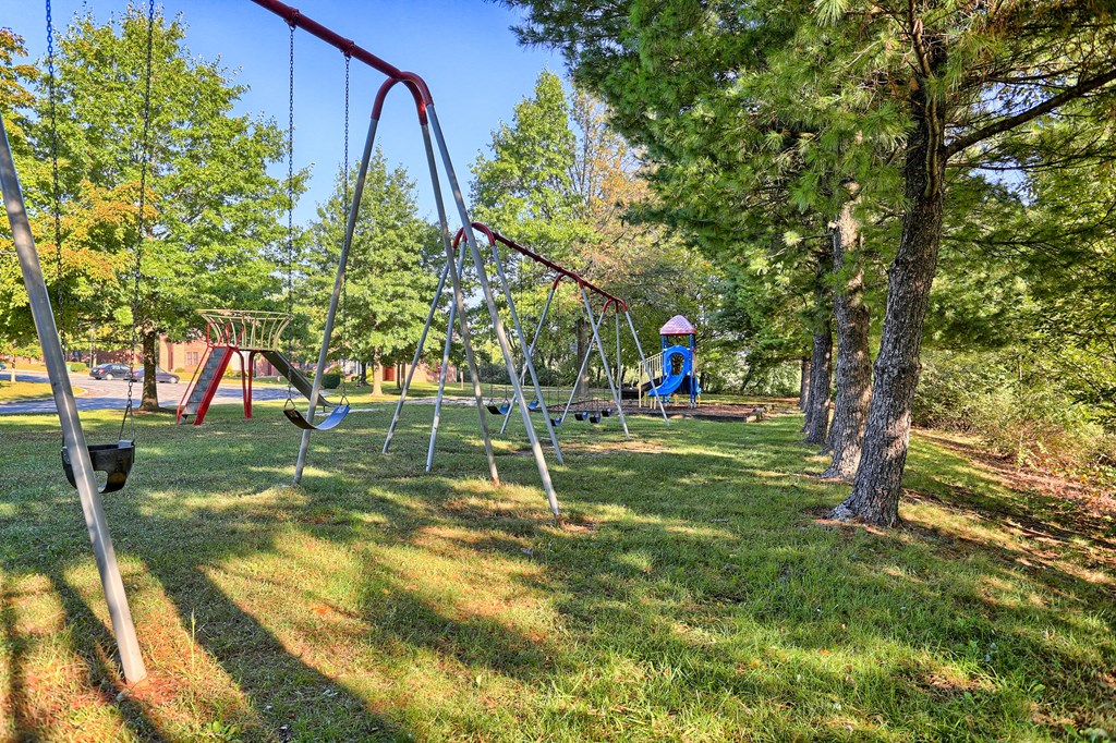 a swing set in a park with trees