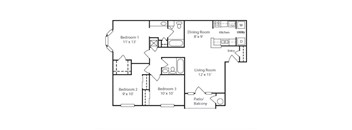 A floor plan of a house with three bedrooms and a living area.