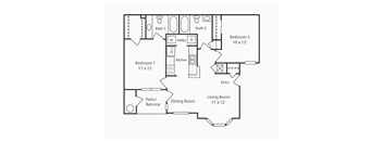 A floor plan of a home with two bedrooms, a living room, a dining room, a kitchen, a patio/balcony, and two bathrooms.