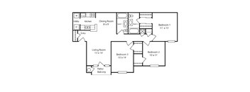 A floor plan of a house with a living room, dining room, kitchen, and three bedrooms.