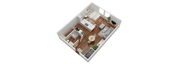 A top-down view of a modern apartment with a living room, kitchen, and dining area.