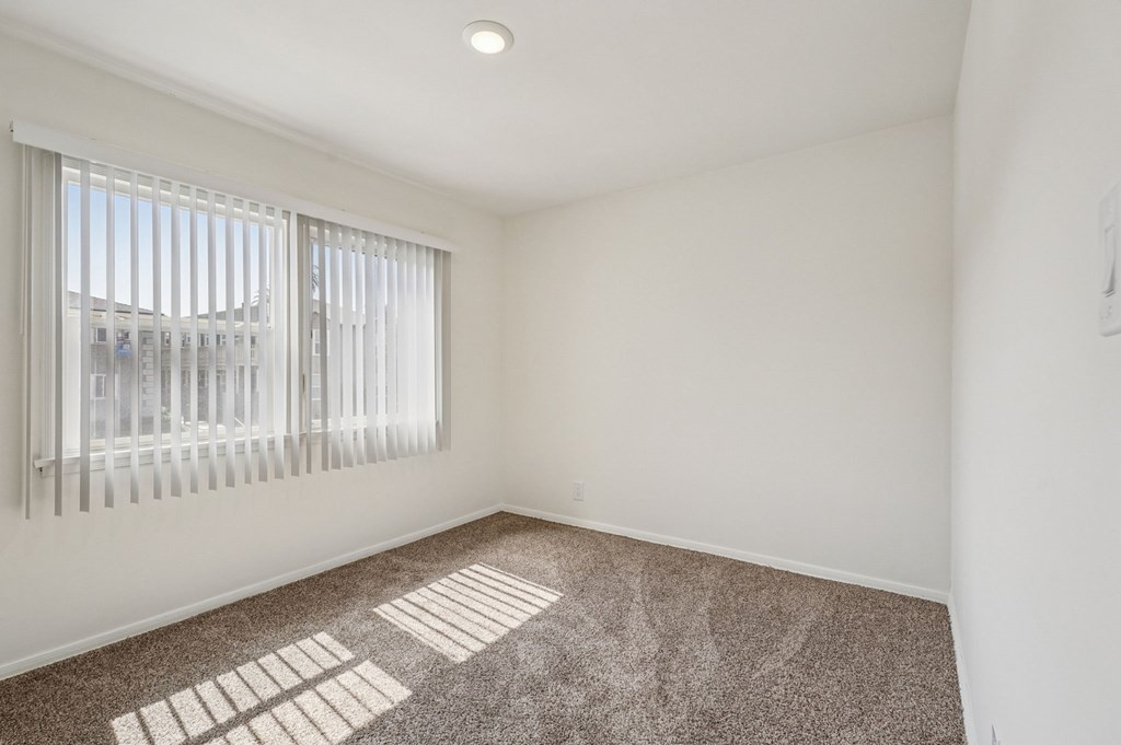A room with a carpeted floor and a window with blinds.