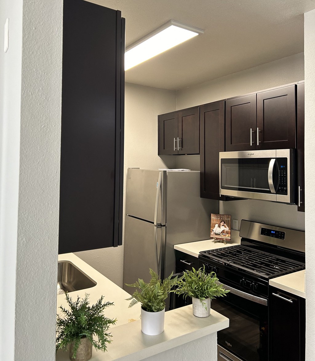 a kitchen with stainless steel appliances and black and white cabinets