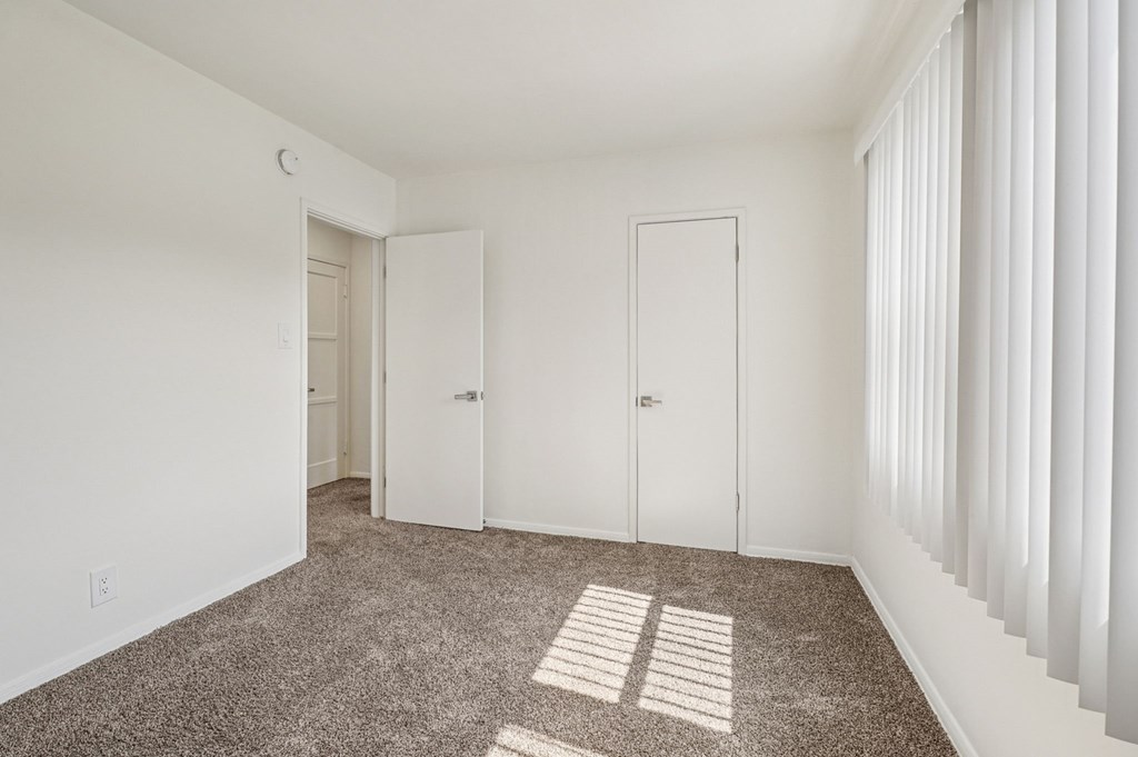 A room with two doors and a carpeted floor.