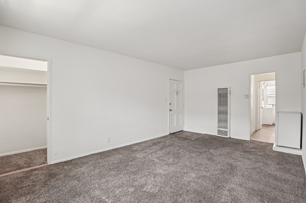 A large empty room with a grey carpet.