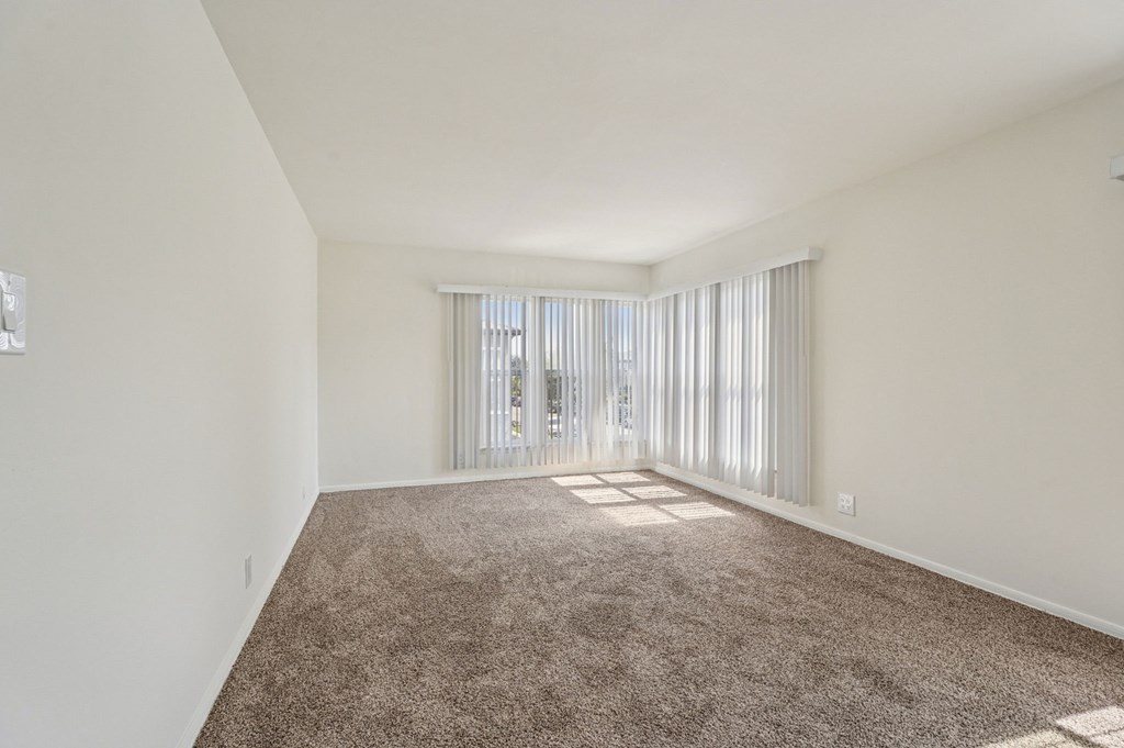 A room with a carpeted floor and a window with blinds.