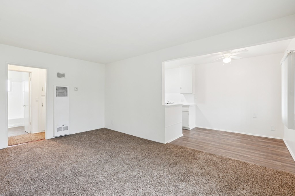 A large, empty room with a carpeted floor and white walls.