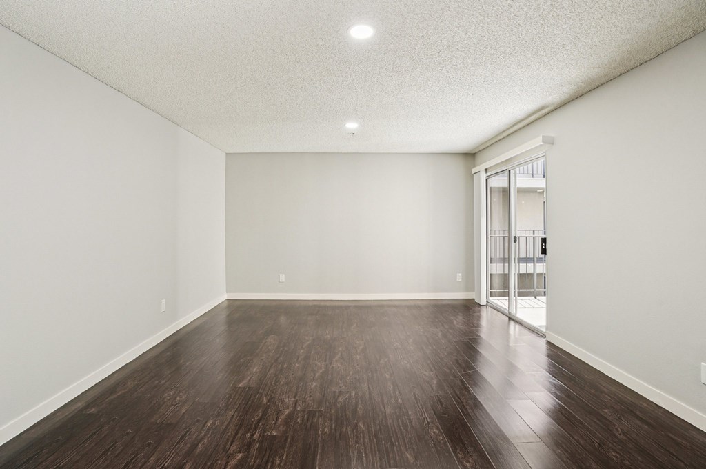 A room with wooden flooring and a sliding glass door.