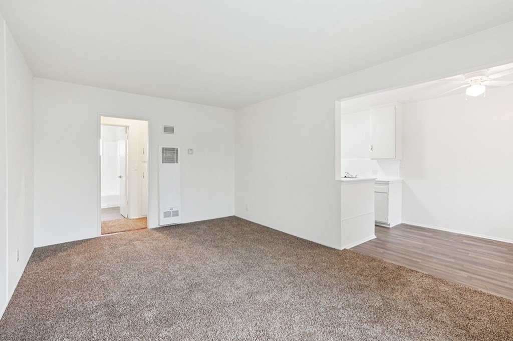 A large empty room with a carpeted floor and white walls.