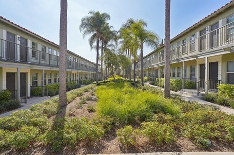 A row of houses with a garden in the middle.