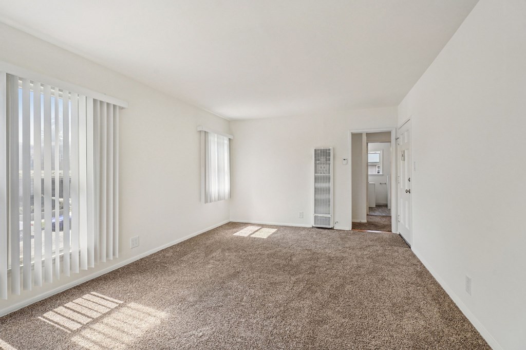 A large, empty room with a carpeted floor and a window with blinds.