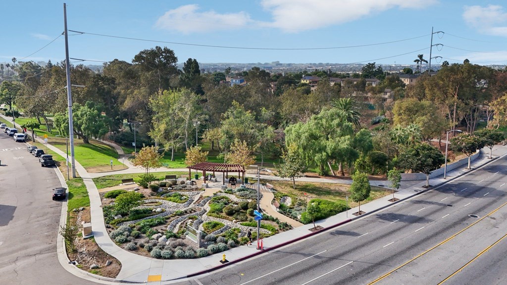 A street view of a residential area with a roundabout and trees.