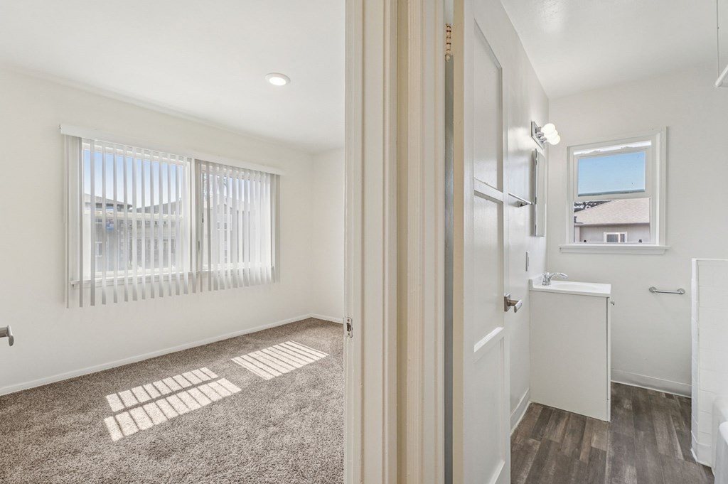 A room with a carpet and a window with blinds.