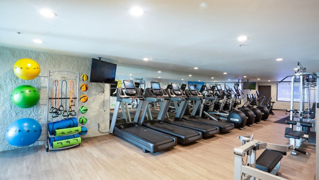 A gym with cardio equipment and weights on the wall