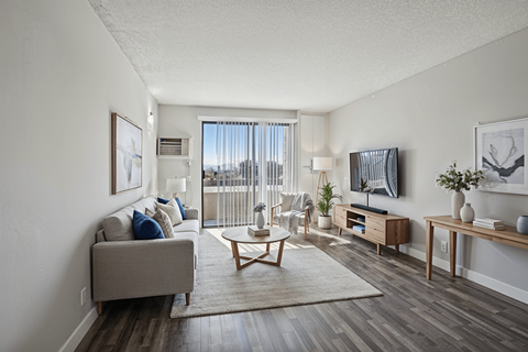 A living room with a grey couch and a coffee table.