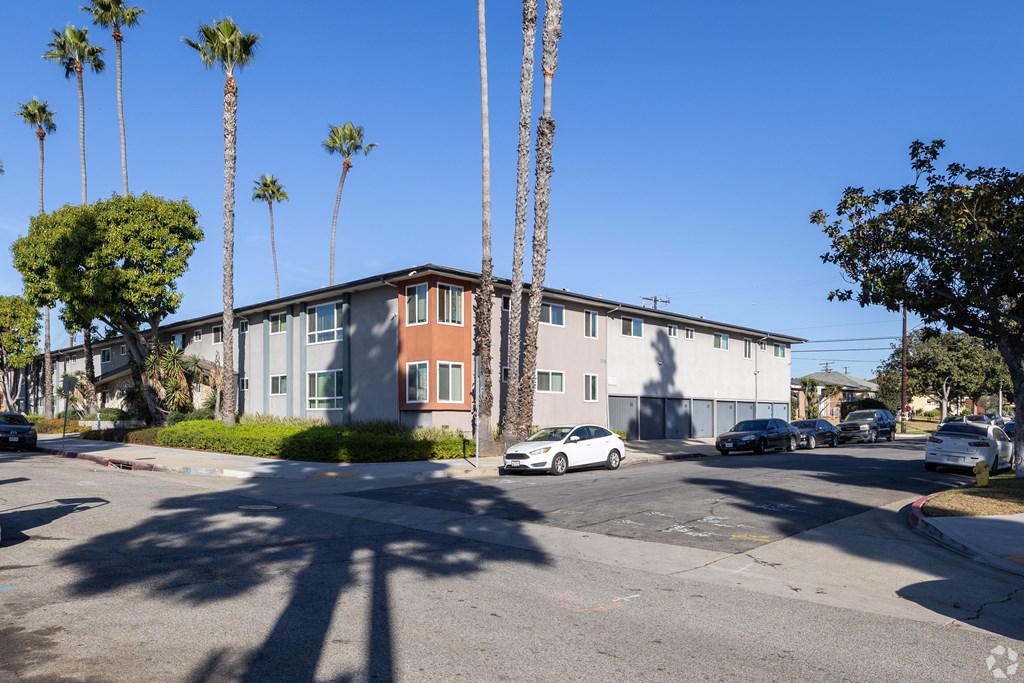 A sunny day in a parking lot with a building and palm trees in the background.