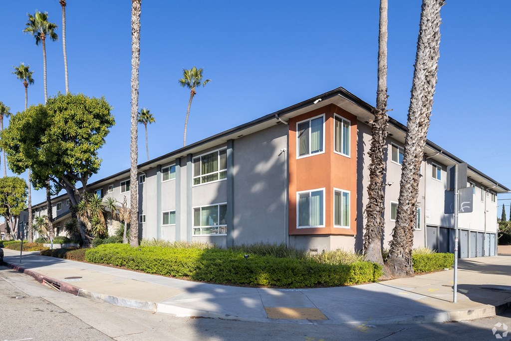 A row of palm trees in front of a building.
