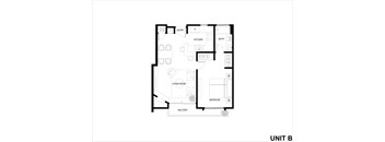 A floor plan of a unit with a living room, kitchen, bathroom, bedroom and balcony.