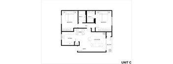 A floor plan of a unit with two bedrooms, a kitchen, a living room, a bathroom, a balcony, and an entry.
