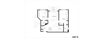 A black and white image of a floor plan for a unit with a living room, two bedrooms, a bathroom, an entry, a kitchen, and a balcony.