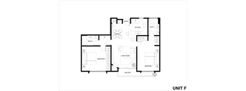 A floor plan of a unit with a kitchen, dining area, two bedrooms, two bathrooms, and a balcony.