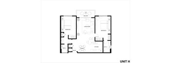 A floor plan of a unit with a living room, two bedrooms, a bathroom, a dining area, and a kitchen.