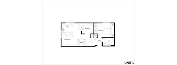 A floor plan of a unit with a living room, kitchen, dining area and bedroom.