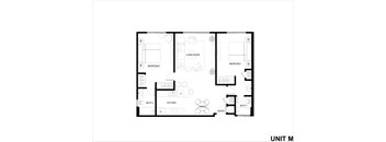A black and white floor plan of a unit with labeled rooms.
